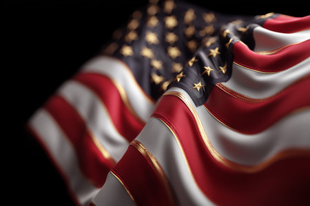 A beautifully rendered American flag in motion, highlighting its vibrant colors and intricate details.の素材