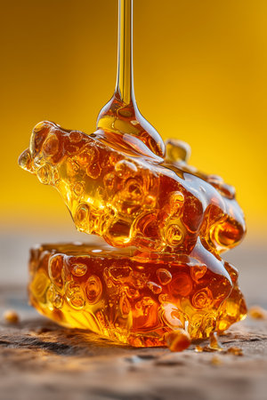 Close-up of honey drizzling off a spoon, creating a vibrant and glossy appearance.の素材