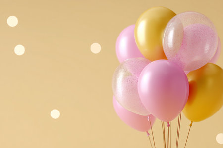 A cluster of pink and gold balloons against a soft, neutral background, creating a cheerful mood.の素材