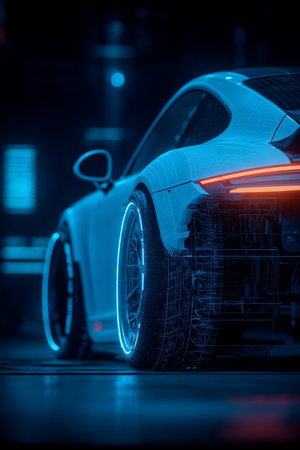 A striking rear view of a futuristic car, featuring sleek curves and glowing neon highlights, set against a dark, abstract backdrop.の素材