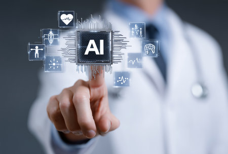 A male doctor in a white coat uses a touchscreen to engage with AI healthcare symbols.の素材