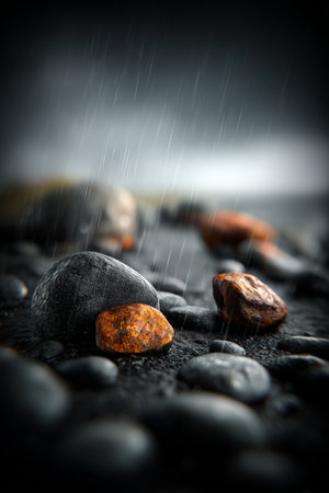 A close-up view of black and orange pebbles on a wet surface, with raindrops adding texture and depth.の素材