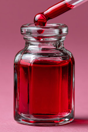 Close-up of a glass vial containing rich red liquid, highlighted by a dripping pipette in a soft pink setting.の素材