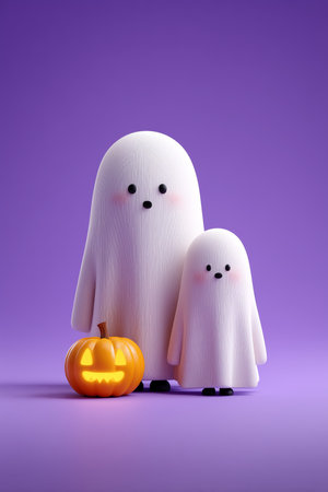 Two whimsical cartoon ghosts stand beside a glowing jack-o'-lantern on a colorful backdrop.の素材