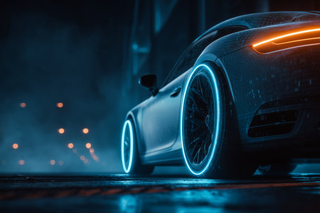 A modern sports car features glowing blue wheels, set against a moody urban backdrop with soft light.の素材