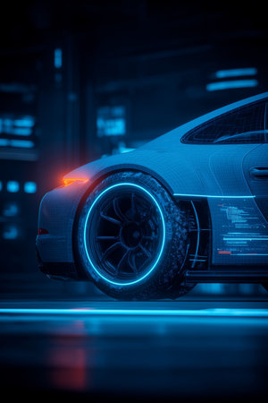A close-up of a futuristic car's rear wheel, featuring glowing blue accents and digital elements.の素材