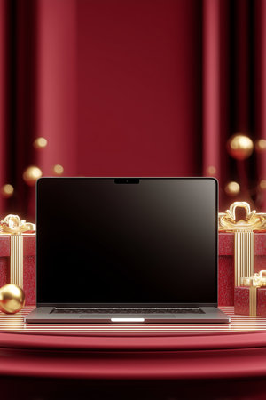 The image features a modern laptop positioned on a circular table, adorned with luxurious red gifts and gold decor, creating a festive and elegant atmosphere.の素材