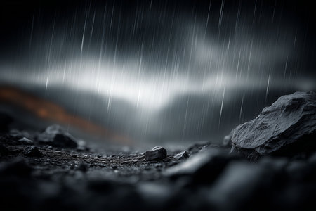 A stark landscape featuring rain falling on rocky ground, evoking a sense of solitude and drama.の素材