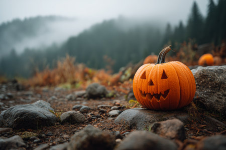 This image features a carved pumpkin displaying a playful face, set against a misty forest backdrop with autumn foliage.の素材