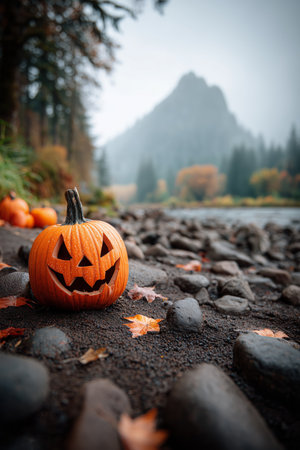 A vibrant orange pumpkin with a jack-o'-lantern face sits on rocky terrain near a river, with autumn foliage in the background.の素材