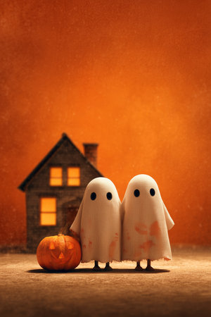 Two playful ghost figures, draped in white fabric, stand near a carved pumpkin in an eerie backdrop.の素材