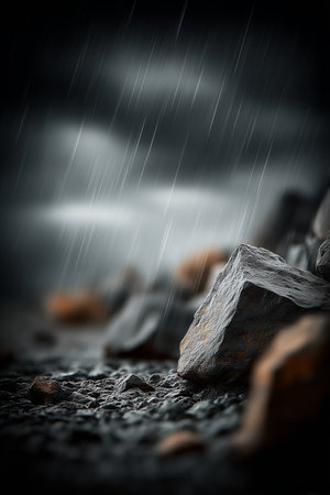 A moody landscape featuring wet rocks with rain cascading down, creating a sense of drama and depth.の素材