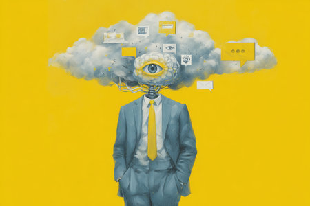 A surreal illustration featuring a suited figure with a cloud and digital icons representing thoughts.の素材