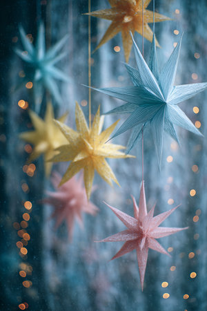 Five vibrant paper stars in various pastel colors suspended against a blurred, sparkling backdrop.の素材
