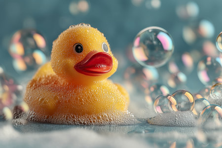 A vibrant yellow rubber duck floats in a sea of bubbles, creating a playful and whimsical atmosphere.の素材