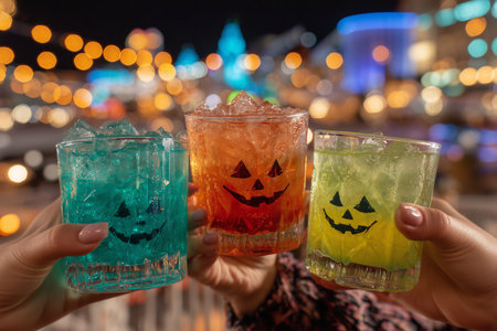 Colorful cocktails in glasses feature playful pumpkin designs, illuminated by city lights at night.の素材