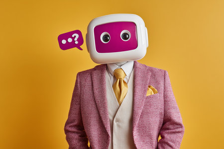 The humanoid robot wears a pink suit and a yellow tie, exuding a fun and quirky vibe.の素材