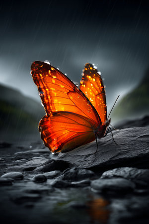 The orange butterfly showcases intricate patterns, with raindrops accentuating its wings against a dark, moody background.の素材