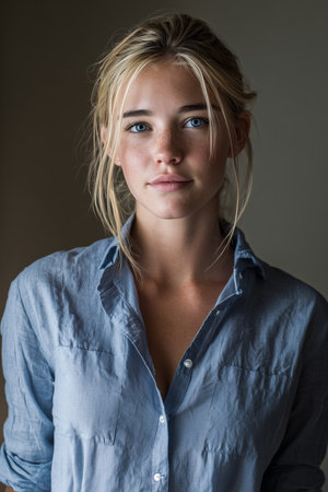 A portrait of a young woman with natural beauty. She has blonde hair, blue eyes, and a serene expression, dressed in a simple light blue shirt. Warm lighting enhances her features.の素材