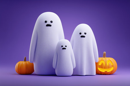 Cartoonish ghosts in various sizes surround carved pumpkins, creating a playful Halloween atmosphere.の素材