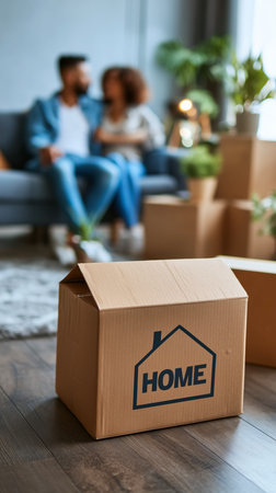 A cozy living space filled with unpacked boxes. A couple sits on the sofa, enjoying their new home.の素材