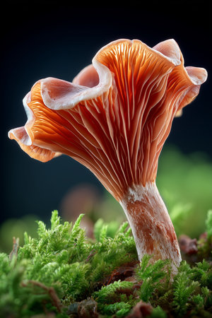 This vivid orange mushroom showcases its delicate gills, with a rich texture set against vibrant green moss.の素材
