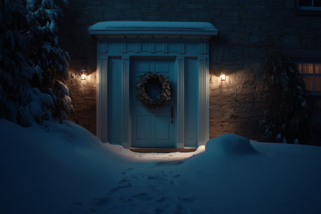 A charming winter scene showcases a blue front door with a wreath, surrounded by snow and soft lighting.の素材