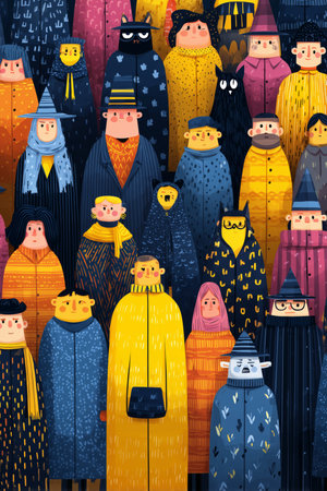 A vibrant illustration featuring a crowd of stylized characters in various outfits, creating a lively atmosphere.の素材