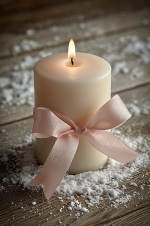 A beautifully lit white candle adorned with a pink ribbon rests on a snowy wooden surface, creating a serene atmosphere.の素材