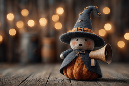 A whimsical witch doll with a pumpkin-shaped body, wearing a gray hat and holding a bell, exuding a cozy autumn vibe.の素材
