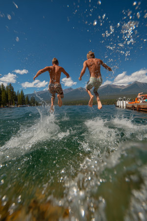 Two shirtless young men leap into a vibrant lake, creating splashes under a bright blue sky.の素材