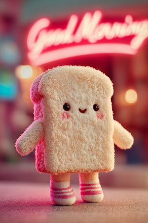 A cheerful plush bread character stands with arms outstretched, showcasing its adorable design against a vibrant neon backdrop. The warm colors evoke a charming mood.の素材