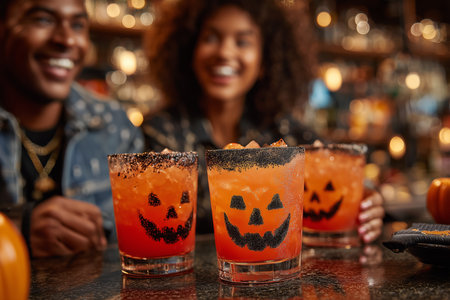 A man and a woman laugh together at a bar, surrounded by Halloween-themed cocktails with pumpkin faces.の素材