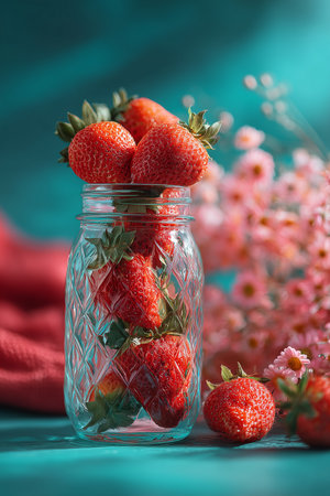 Bright and vibrant strawberries are arranged in a clear glass jar, surrounded by delicate pink flowers.の素材