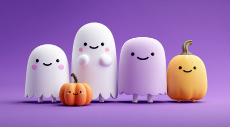 A playful scene featuring four adorable animated ghosts and a smiling pumpkin, set against a bright purple backdrop.の素材