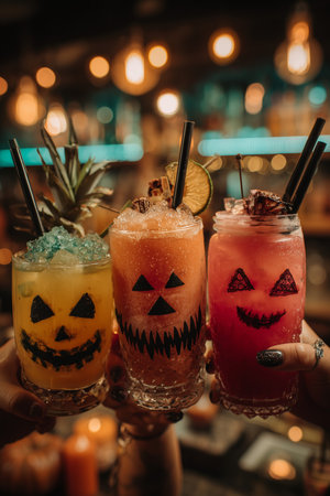 Colorful cocktails with spooky faces, set in a warm, festive atmosphere, showcasing creativity and fun.の素材