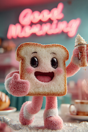 A lively cartoon slice of bread with a smiling face and pink arms, holding an ice cream cone in a bright kitchen setting.の素材