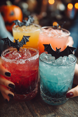 Four vibrant cocktails with ice and bat toppers, set against a Halloween-themed backdrop. The drinks feature red, orange, pink, and blue hues.の素材
