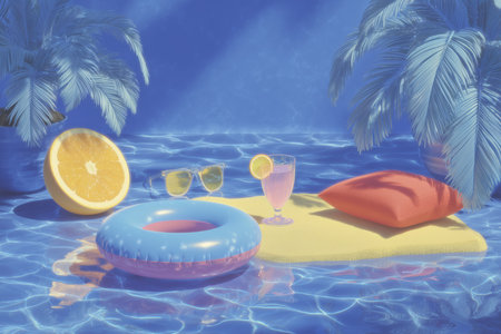 A lively poolside composition showcasing a drink, float, and tropical elements under a tranquil blue hue.の素材