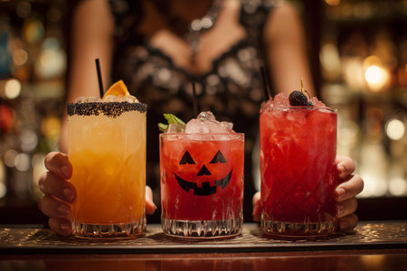 The image features a bartender holding three uniquely crafted Halloween cocktails, each with lively colors and decorative elements, set against a blurred bar backdrop.の素材