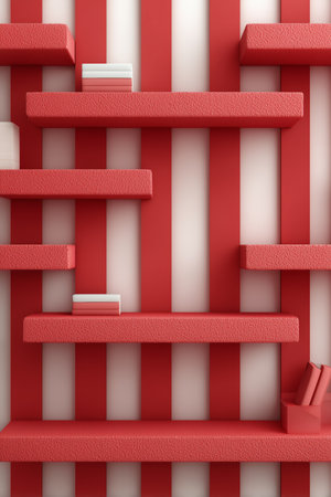An artistic arrangement of red shelves against a white wall, featuring stacked books for a modern look.の素材