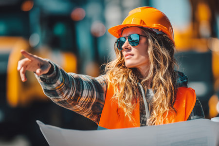 A woman with long, curly hair and sunglasses stands at a construction site, directing operations.の素材
