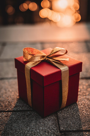 The image features a red gift box tied with a shiny gold ribbon. The background has soft, warm bokeh lights creating a festive mood.の素材