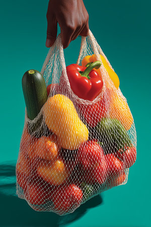 A close-up image showing a hand gripping a netted bag brimming with vibrant vegetables like peppers and zucchini.の素材