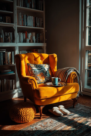 A bright, inviting yellow armchair surrounded by sunlight. A decorative pillow, blanket, and a cup of tea create a warm, cozy atmosphere.の素材