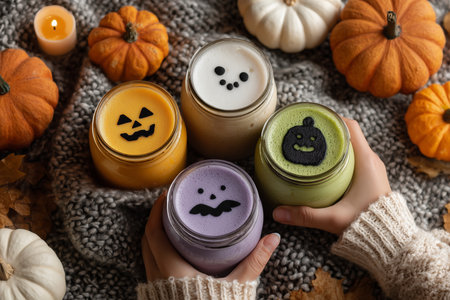A cozy display of seasonal drinks featuring Halloween-themed toppings, surrounded by pumpkins and foliage.の素材