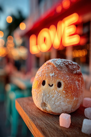 A playful bread roll with a smiley face rests on a wooden surface. The colorful 'LOVE' sign adds a cheerful backdrop.の素材