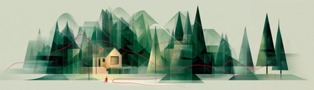 A serene abstract landscape depicting a house surrounded by geometric green hills and tall trees. A figure walks along a winding path.の素材