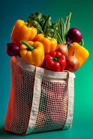 A mesh bag overflowing with assorted fresh vegetables, including bell peppers, onions, and spinach, showcasing a vibrant array of colors.の素材