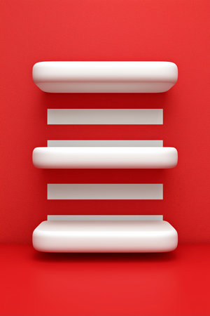 Four sleek, white shelves arranged on a vivid red wall, creating a striking contrast and modern aesthetic.の素材